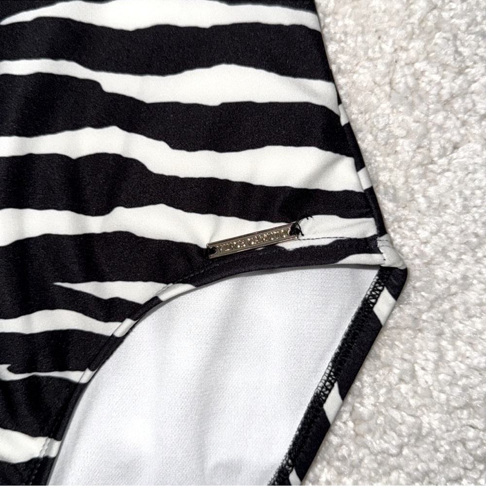 VINCE CAMUTO Ruffle Sleeves Black & White Zebra Stripe One Piece Swimsuit - Picture 8 of 11